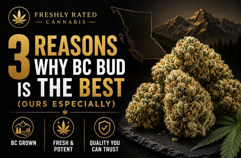Premium black and gold cannabis blog thumbnail showing 3 reasons why BC bud is the best with cannabis flower, BC map, and quality icons.