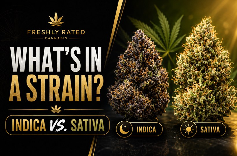 Premium black and gold cannabis education thumbnail comparing Indica vs Sativa strains with cannabis buds and simple strain labels.
