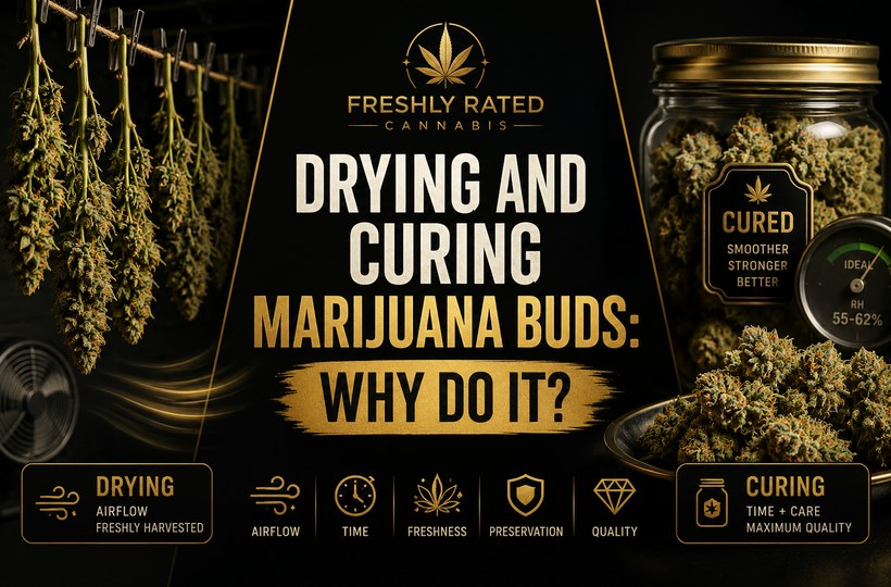 Premium black and gold cannabis education thumbnail showing drying and curing marijuana buds with hanging flower, cured jar, humidity gauge, and storage icons.