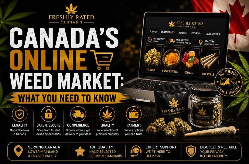 Premium black and gold Canada online weed market blog thumbnail featuring cannabis products, laptop ordering, Canadian flag, and delivery icons.