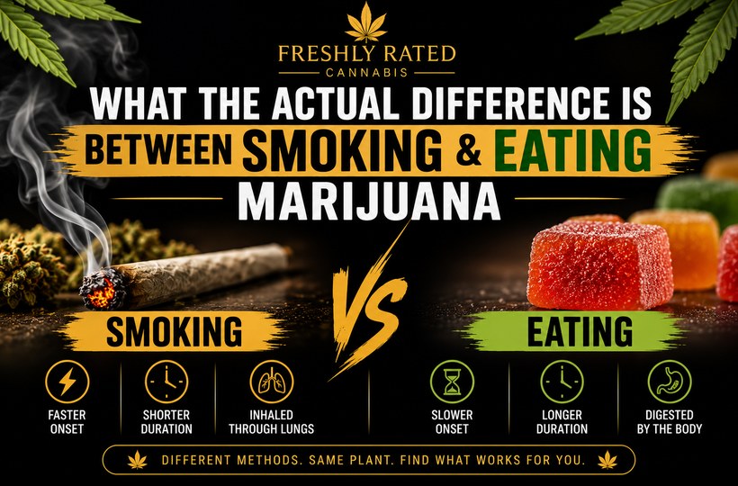 Premium black and gold cannabis education thumbnail comparing smoking vs eating marijuana with a joint, edibles, and simple effect icons.