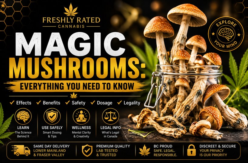 Premium black and gold magic mushrooms blog thumbnail featuring mushrooms, cannabis leaves, safety icons, dosage tips, and educational styling.