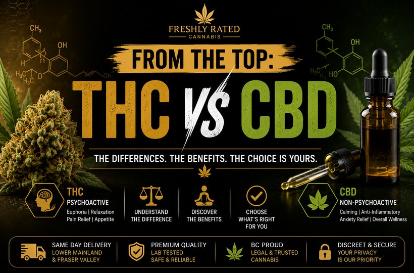 Premium black and gold THC vs CBD cannabis blog thumbnail featuring cannabis flower, CBD tincture, cannabis leaves, and comparison icons.
