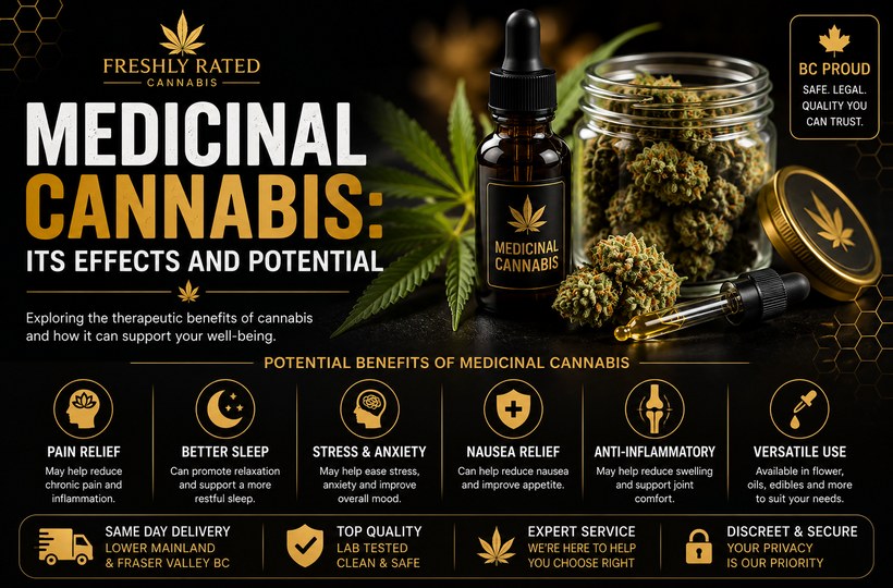 Premium black and gold medicinal cannabis blog banner featuring cannabis flower, tincture bottle, dropper, and wellness benefit icons.