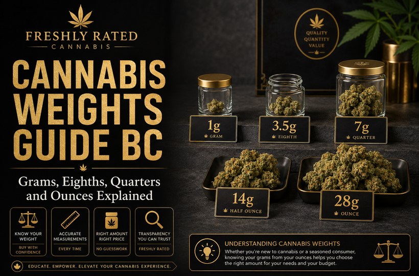 Premium black and gold cannabis weights guide blog banner showing grams, eighths, quarters, half ounce, and ounce amounts in BC.