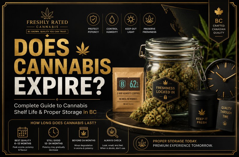 Alt Text: Premium black and gold cannabis storage blog banner with weed jar, humidity pack, clock, and proper shelf life storage tips in BC.