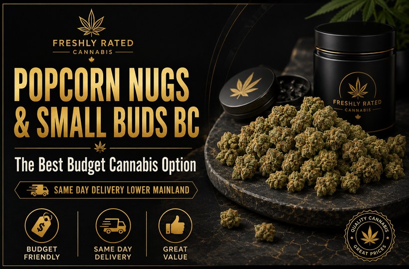 Premium black and gold cannabis blog banner featuring popcorn nugs and small buds in BC with same day delivery in the Lower Mainland.