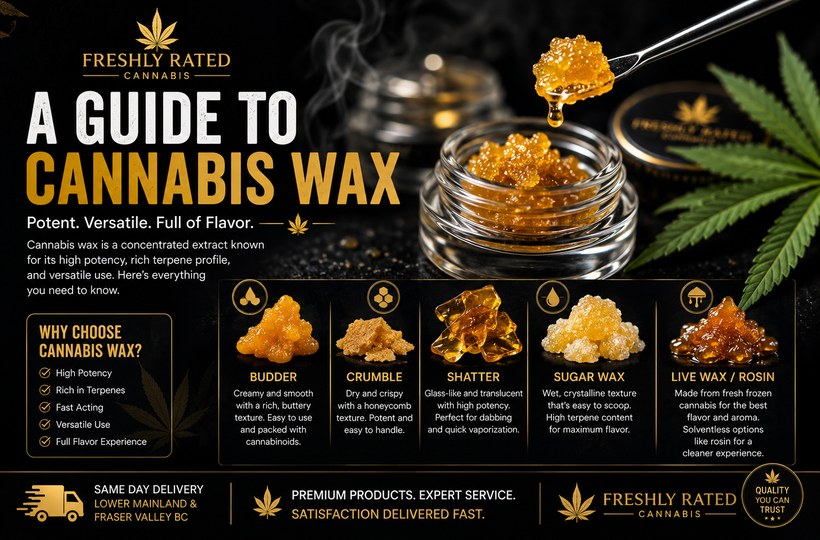 Premium black and gold cannabis wax guide blog banner featuring cannabis wax, concentrate jar, dab tool, cannabis leaves, and educational wax types.