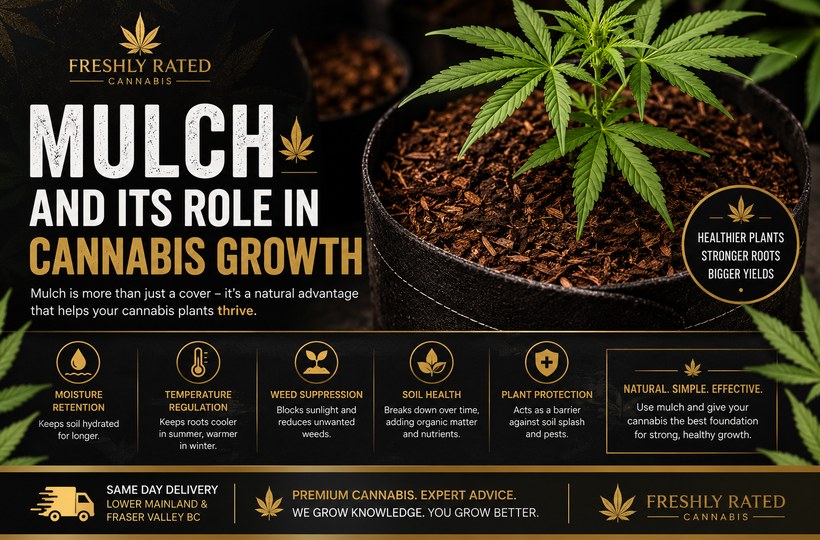 Premium black and gold cannabis growth blog banner showing a cannabis plant in mulch with soil health and plant protection icons.