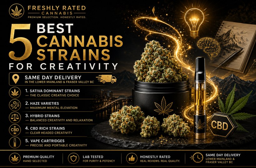 Premium black and gold cannabis creativity blog banner featuring cannabis buds, vape cartridge, CBD icon, and same day delivery in the Lower Mainland and Fraser Valley BC.