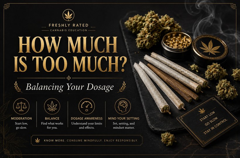 Premium black and gold cannabis dosage education banner with spliffs, joints, weed buds, grinder, and responsible use icons.
