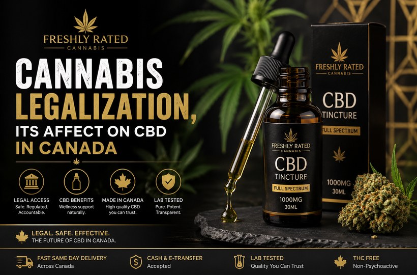 Premium black and gold cannabis legalization blog banner featuring CBD tincture, hemp leaves, and Freshly Rated Cannabis branding.