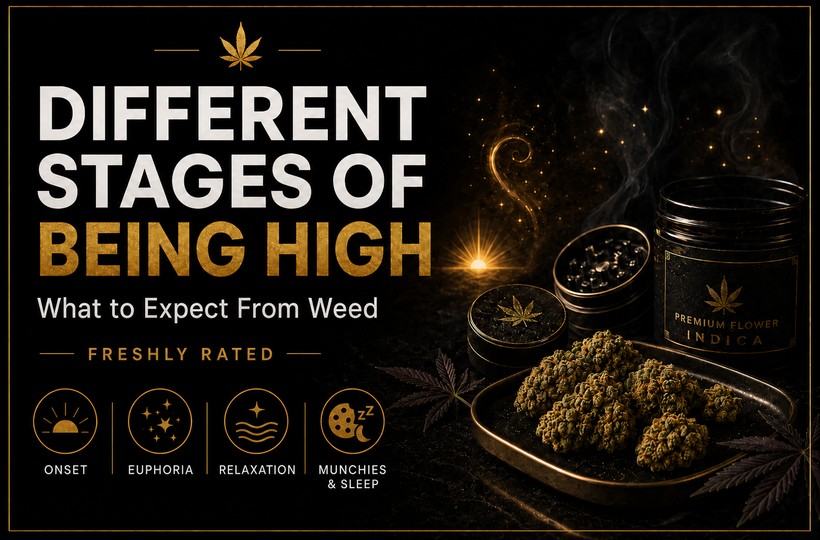 Premium black and gold cannabis blog banner showing different stages of being high with weed buds, grinder, jar, and educational icons.