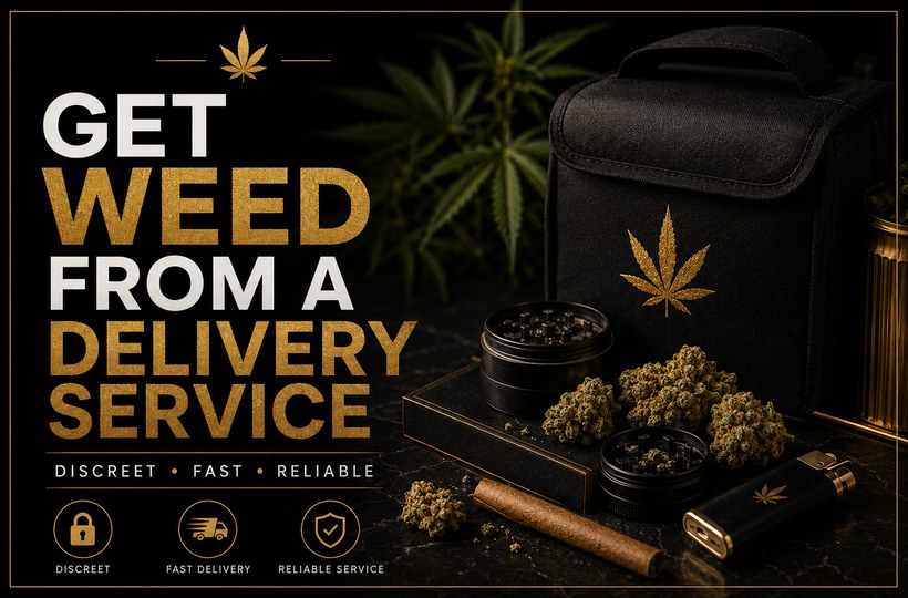 Premium black and gold cannabis delivery blog banner with weed, grinder, lighter, and discreet delivery bag.