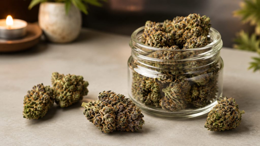 Indica strains guide with cannabis flower buds in a glass jar