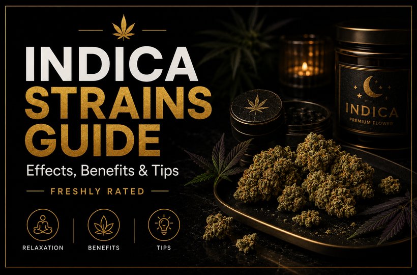 Premium black and gold Indica strains guide blog banner with cannabis buds, grinder, jar, and relaxing nighttime styling.