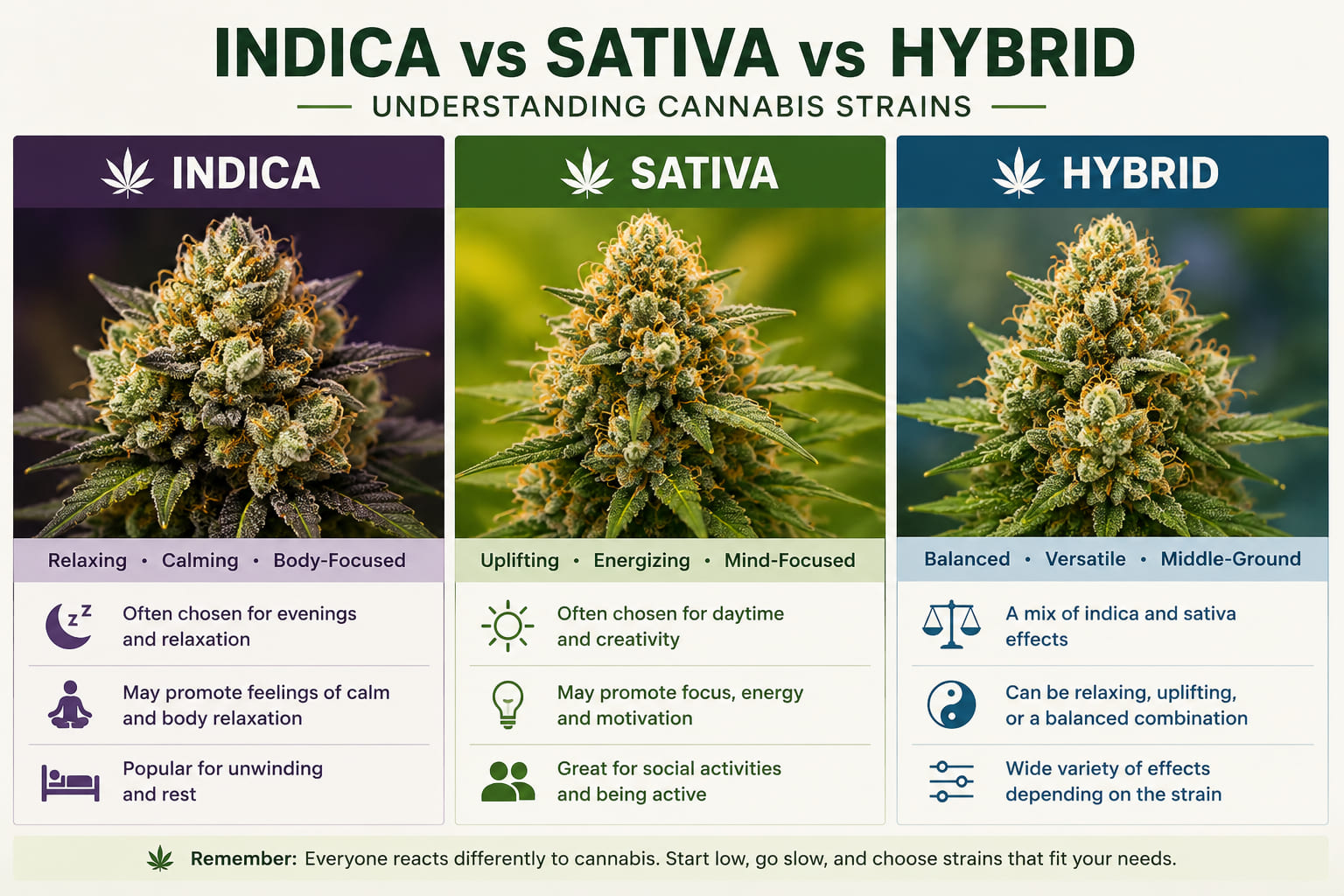 Indica sativa and hybrid cannabis strain comparison chart