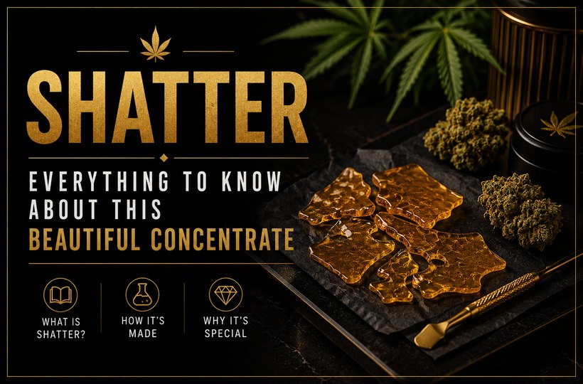 Premium black and gold cannabis shatter blog banner featuring amber concentrate, dab tool, cannabis buds, and luxury dark styling.
