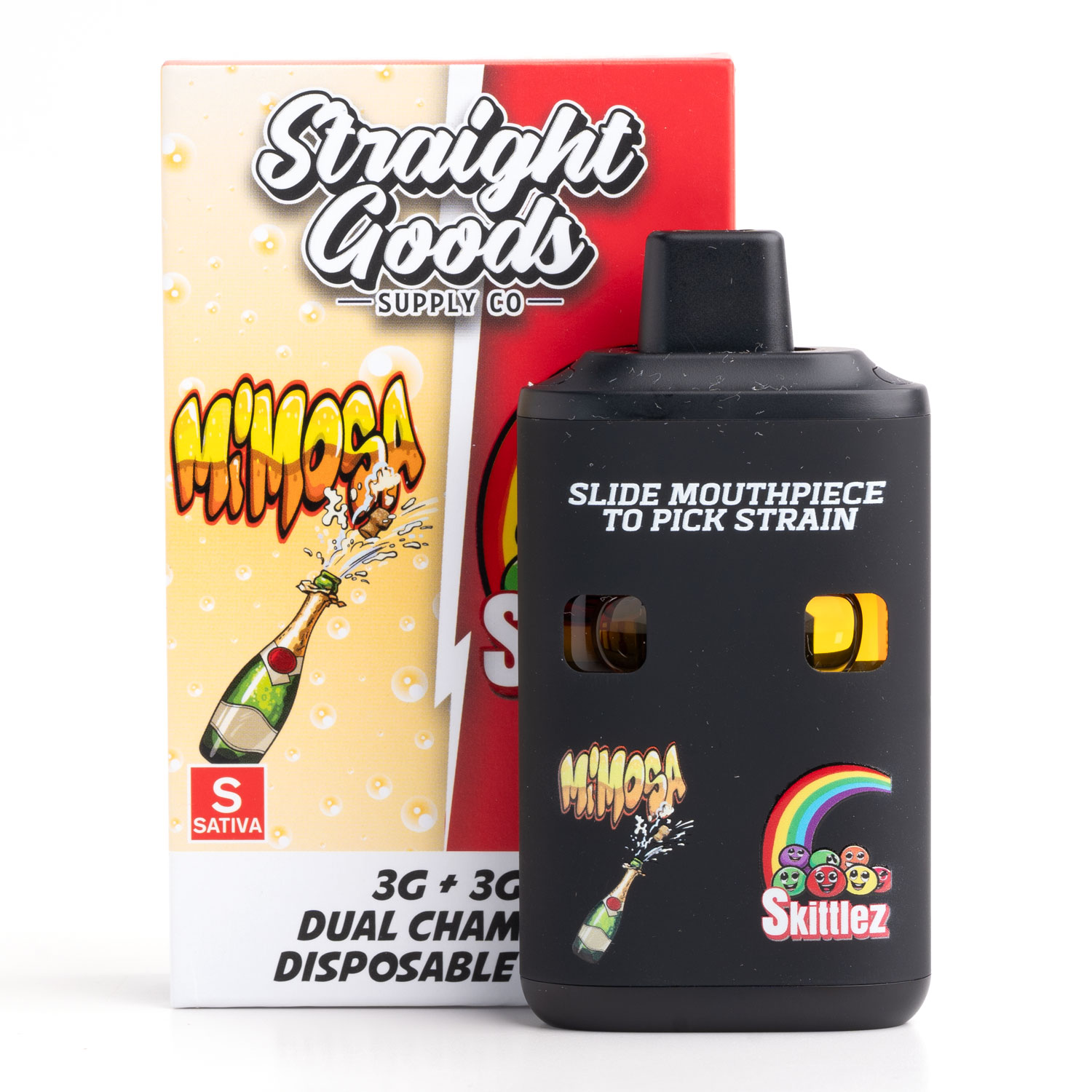 StraightGoods-6G-Dual-Chamber-Disposable-Vape-Pen-Mimosa_X_Skittlez | Freshly Rated Cannabis