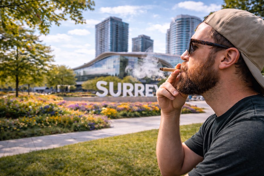 Person smoking cannabis in Surrey BC near Surrey City Hall