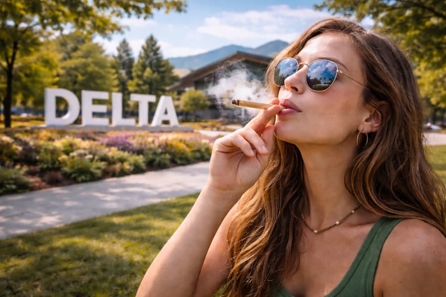 Woman smoking cannabis in Delta BC near the Delta city sign