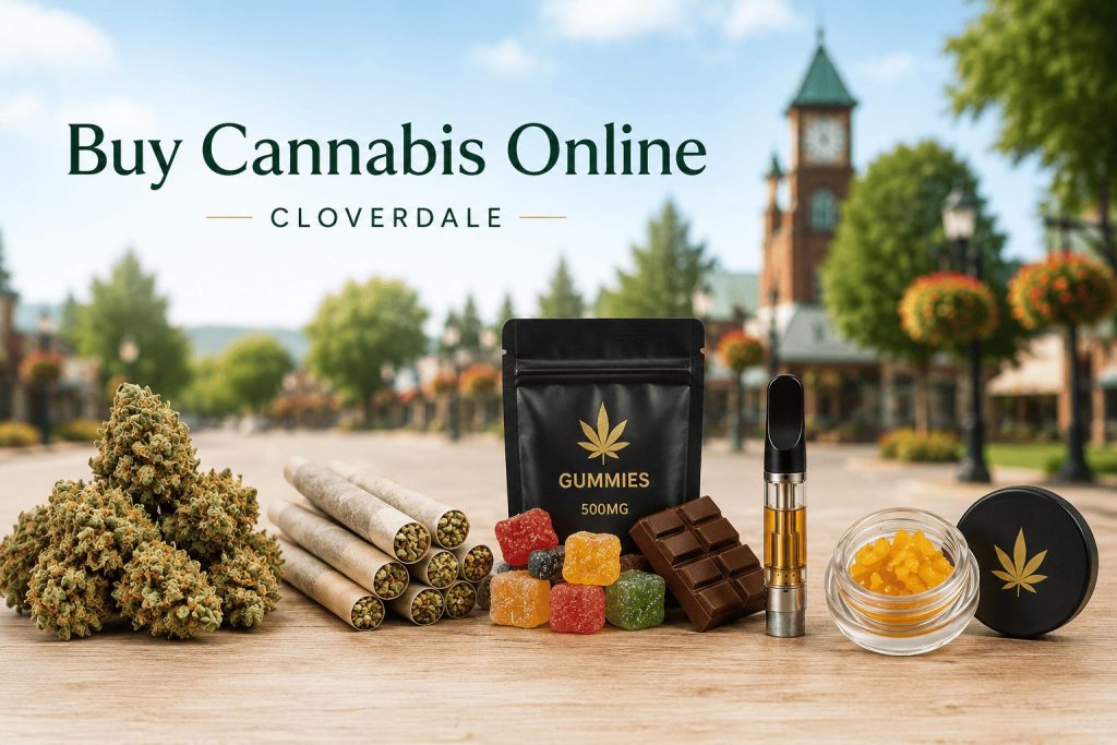 Cannabis flower, pre-rolls, gummies, vape and concentrate with Cloverdale town backdrop