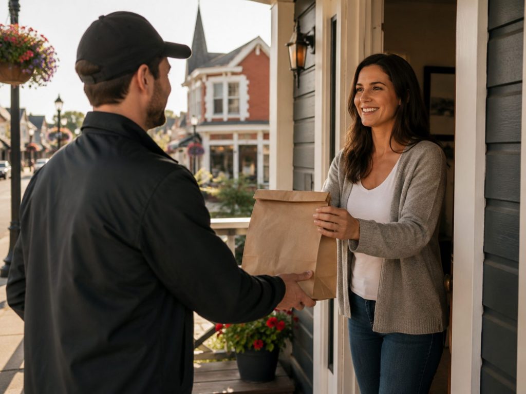 Cannabis delivery driver handing order to customer at front door in Cloverdale