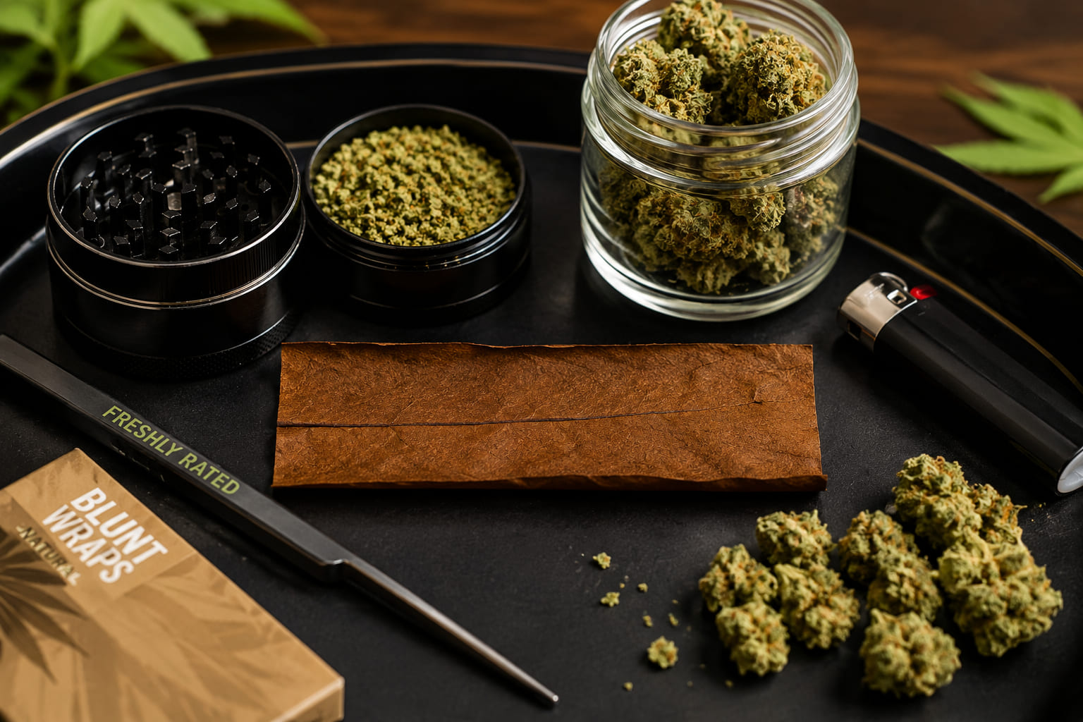 How to roll a blunt beginner setup with cannabis flower grinder blunt wrap and lighter