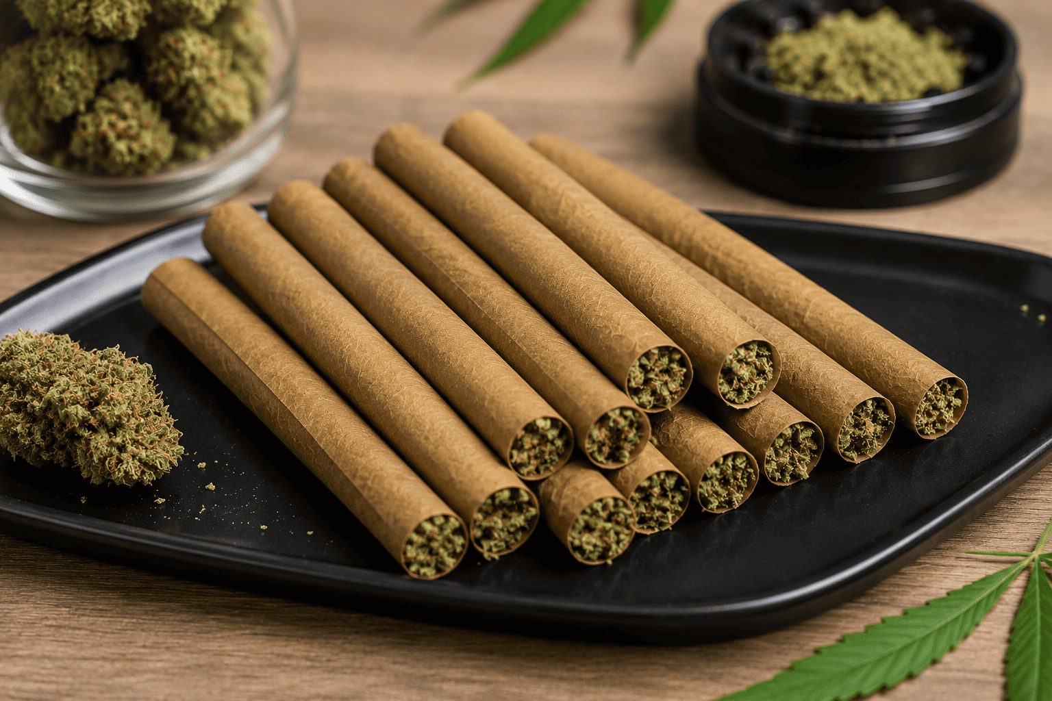 How to Roll a Blunt: Step-by-Step Beginner Guide 3 Pre rolled blunts with cannabis flower on a rolling tray