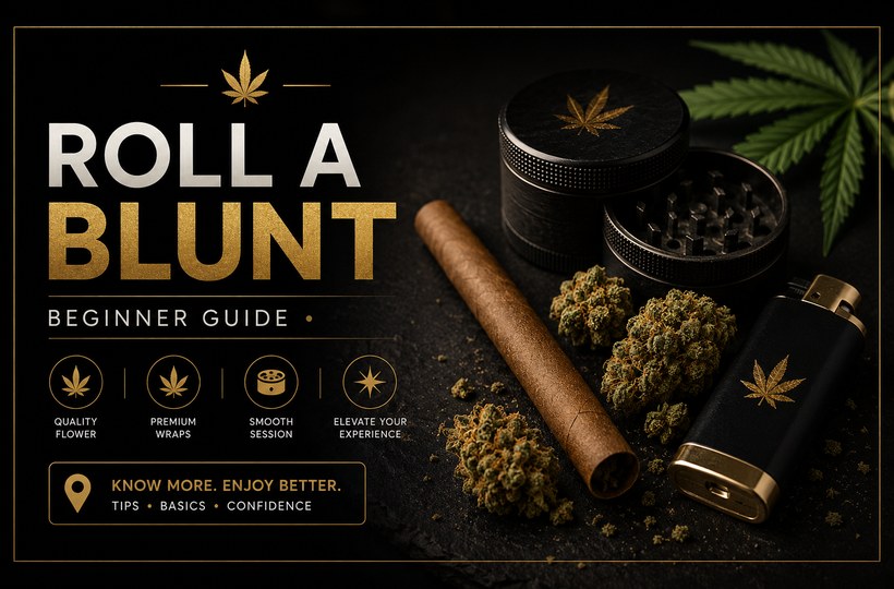 Premium black and gold cannabis blog banner with blunt wrap, grinder, lighter, and buds for a Roll a Blunt beginner guide.