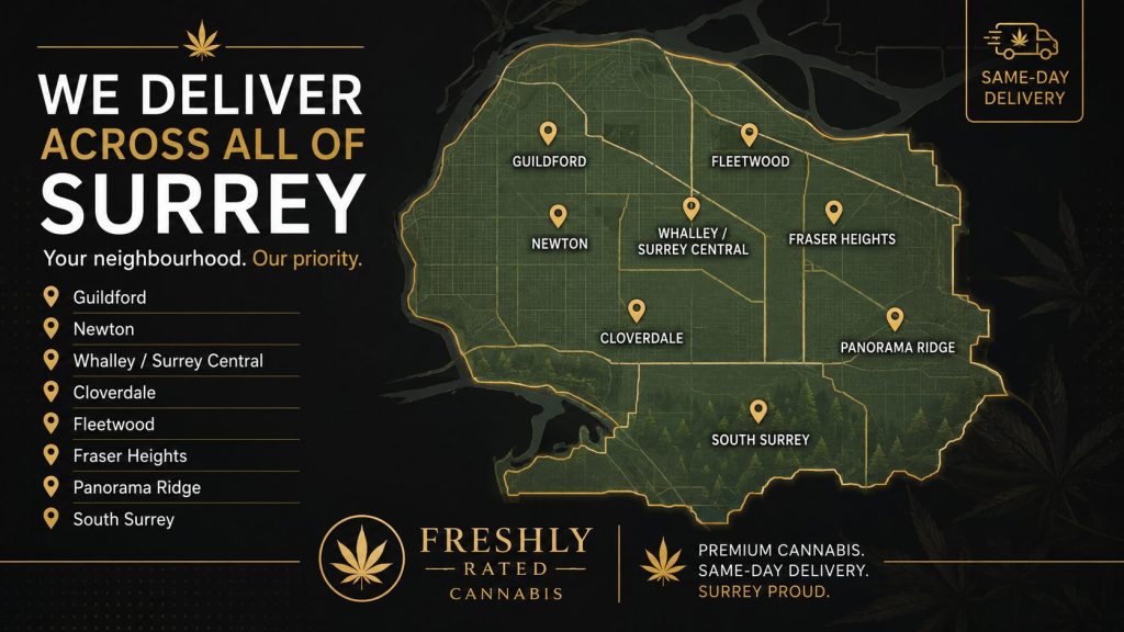 Surrey BC weed delivery neighbourhoods including Guildford Newton Whalley Cloverdale Fleetwood and South Surrey