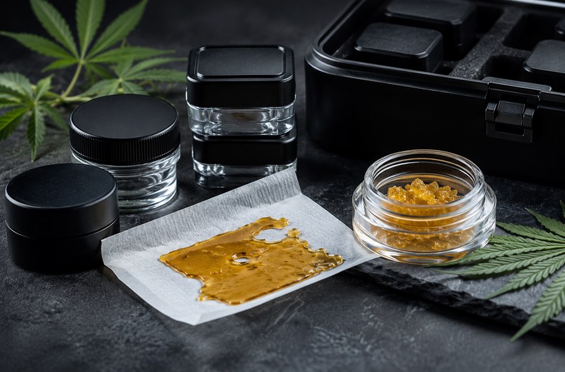 Premium cannabis concentrate storage setup with airtight jars, shatter paper and a cool, dark storage container.