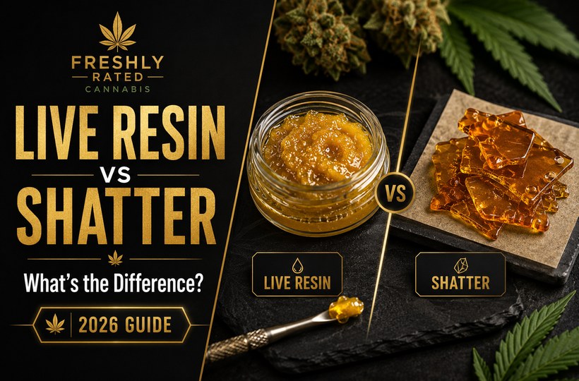 Premium black and gold cannabis concentrate thumbnail comparing live resin vs shatter with concentrate jar, amber shatter, dab tool, and cannabis leaves.