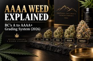 Premium black and gold AAAA weed grading guide banner showing BC cannabis quality levels from A to AAAA+.