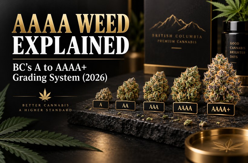 Premium black and gold AAAA weed grading guide banner showing BC cannabis quality levels from A to AAAA+.