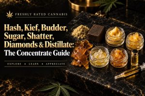 Premium black and gold cannabis concentrate guide banner featuring hash, kief, budder, sugar, shatter, diamonds, and distillate.