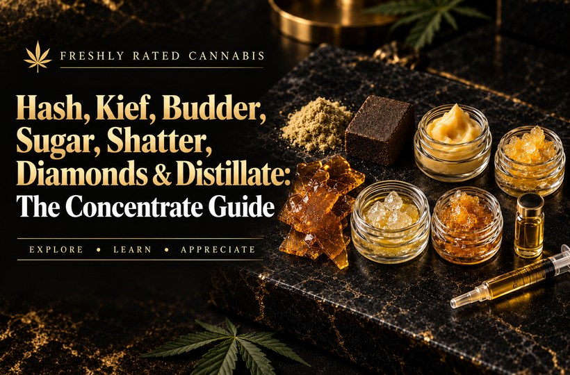 Premium black and gold cannabis concentrate guide banner featuring hash, kief, budder, sugar, shatter, diamonds, and distillate.