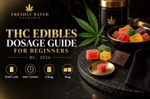 Premium black and gold THC edibles dosage guide banner for beginners in BC with gummies, cannabis leaf, and dosage icons.