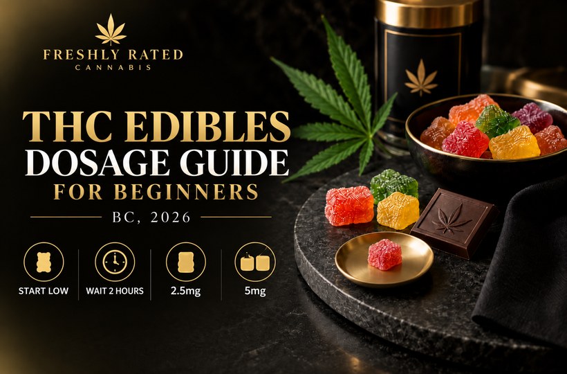 Premium black and gold THC edibles dosage guide banner for beginners in BC with gummies, cannabis leaf, and dosage icons.