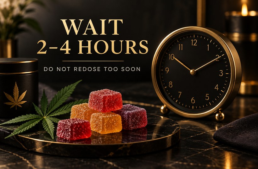 THC Edibles Dosage Guide for Beginners (BC, 2026) 2 THC edibles safety reminder showing gummies, cannabis leaf, and clock with wait 2 to 4 hours before redosing message.