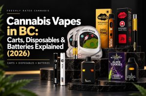 Cannabis vapes in BC guide banner featuring carts, disposable vape pens, vape batteries, and THC vape products.