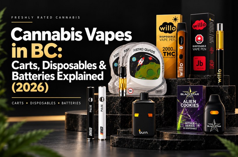 Cannabis vapes in BC guide banner featuring carts, disposable vape pens, vape batteries, and THC vape products.