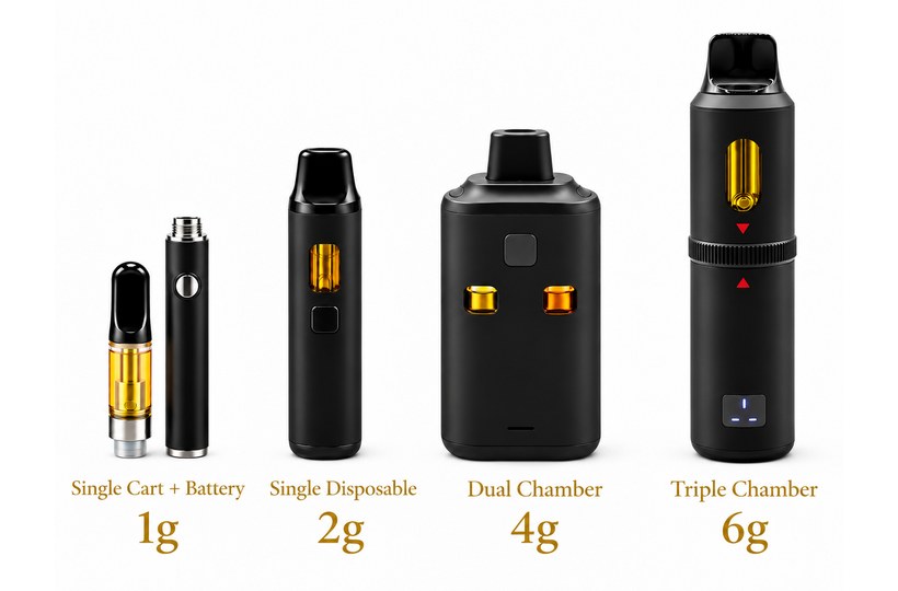 Cannabis Vapes in BC: Carts, Disposables & Batteries Explained (2026) 2 Vape device comparison showing single cart and battery, single disposable, dual chamber, and triple chamber vape sizes.